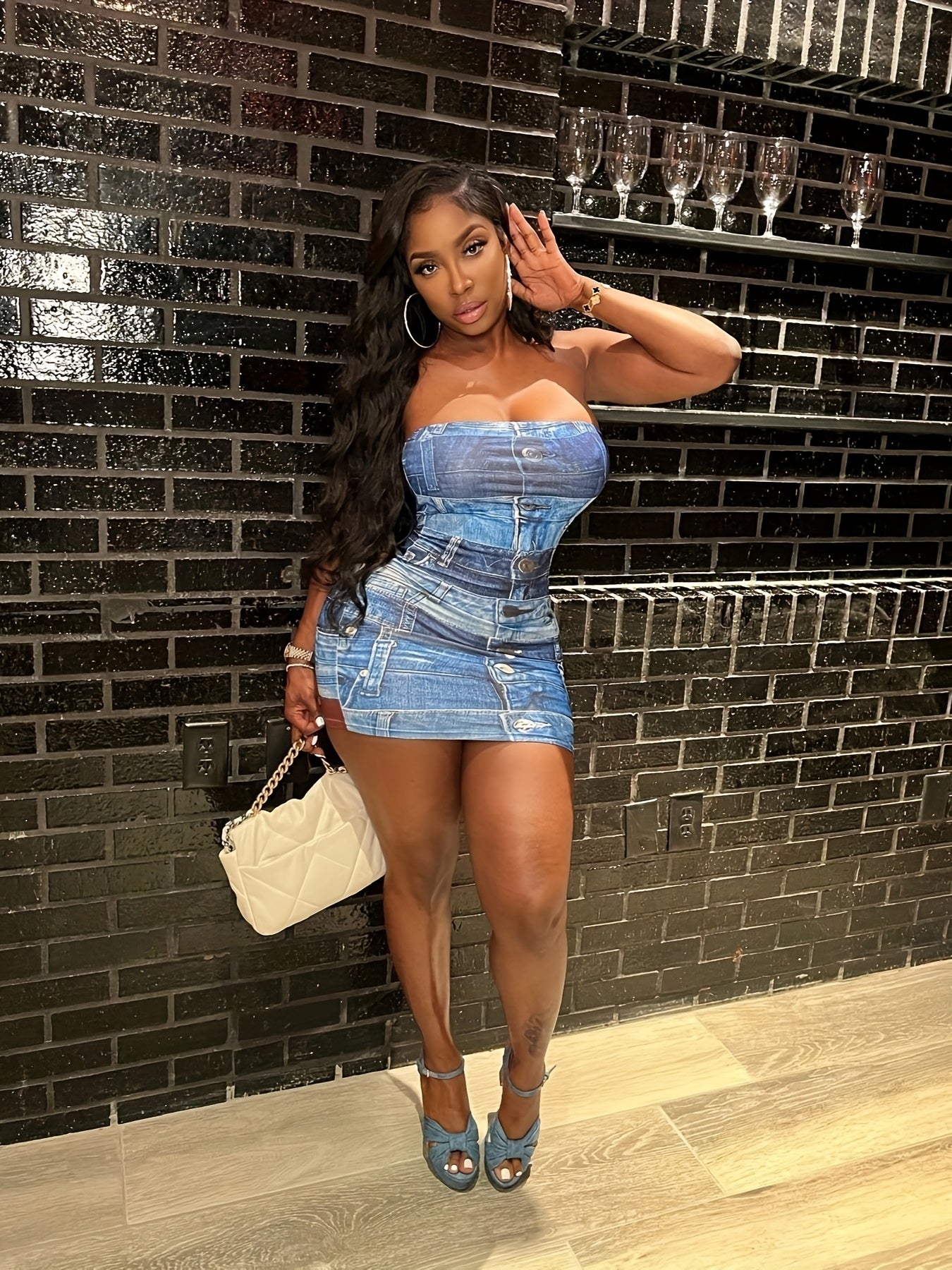 Sleeveless Denim Print Bodycon Mini Dress - Sexy Off-Shoulder Design, Stretchy Polyester Blend, Summer Casual Wear for Women, Light Blue Denim-Like Fabric, Perfect for Urban Fashion, Denim Dress